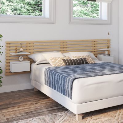 Tête de lit latte de bois 240 cm avec chevets et étagères blanches