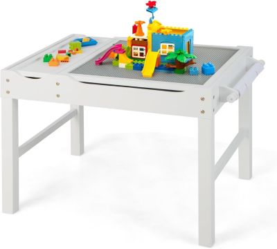 Table Activités pour Enfant Table de Construction 2 en 1 avec Plateau Réversible et Espace de Stockage Classé Blanc
