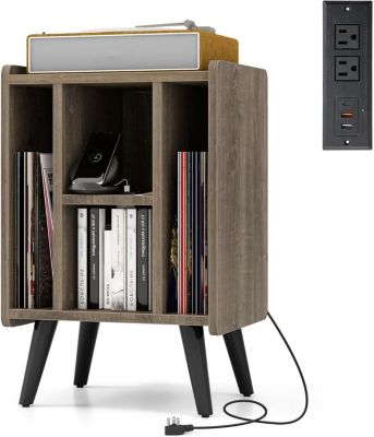 Table appoint avec Station de Charge 2 Prises 2 USB 1 Type-C Meuble Rangement Vinyle 4 Compartiments