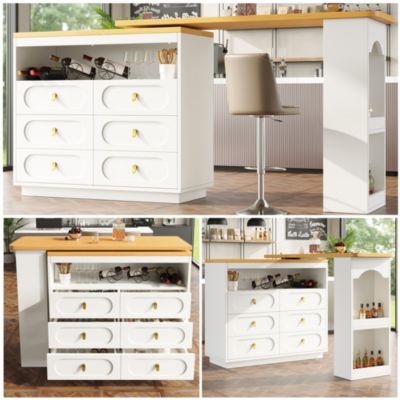 Table bar extensible blanche 138-203cm, rotation, roulettes, tiroirs ...