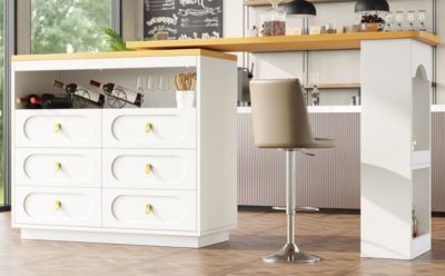 Table bar extensible blanche 138-203cm, rotation, roulettes, tiroirs ...