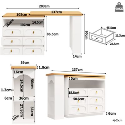 Table bar extensible blanche 138-203cm, rotation, roulettes, tiroirs ...