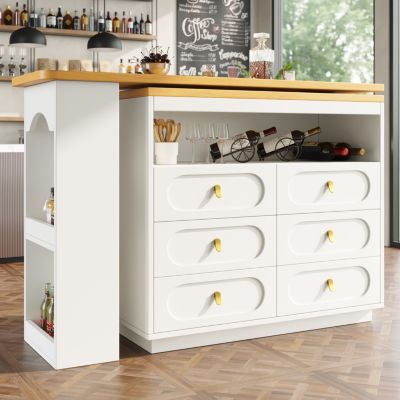 Table Bar Extensible Pivotante avec Rangement et Tiroirs - Meuble Bar Moderne pour Cuisine ou Salon - MDF Blanc