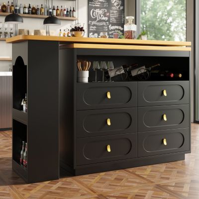 Table Bar Extensible Pivotante avec Rangement et Tiroirs - Meuble Bar Moderne pour Cuisine ou Salon - MDF Noir