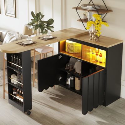 Table Bar - Meuble Bar de Cuisine Extensible avec Éclairage LED et Portes Vitrées Coulissantes - MDF Noir 135-205x39x100 cm