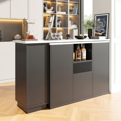 Table Bar Pivotante avec Rangement Intégré et Plan Effet Marbre, Îlot Multifonction Cuisine/Salon, MDF Noir, 210x30x100,9 cm