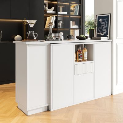 Table Bar Pivotante avec Rangement Intégré, Plan Effet Marbre, Îlot Multifonction Cuisine/Salon, MDF Blanc, 210x30x100,9 cm