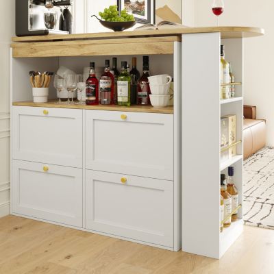 Table Bar Pivotante - Meuble Bar avec 4 Tiroirs et Étagères Ouvertes, Rangement Intégré, MDF Blanc