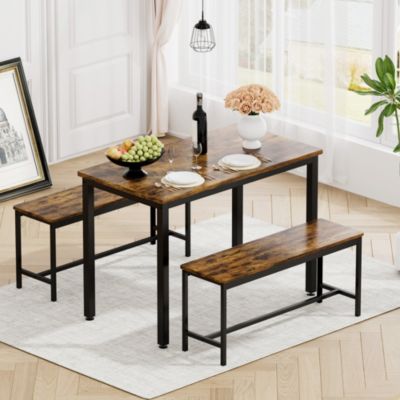 Table bar style industriel marron rustique et noir 110x60x75cm avec 2 bancs, adaptée cuisine, salon et salle de réception