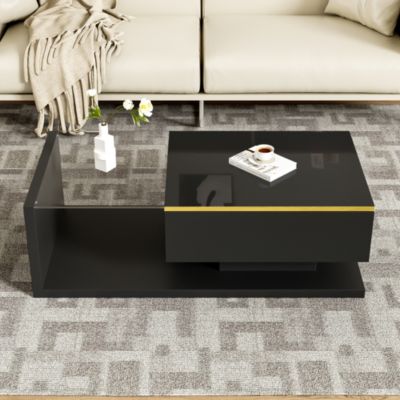 Table bas de canapé 100cm - Noir brillant, verre trempé, LED 16 couleurs, plateau de rangement