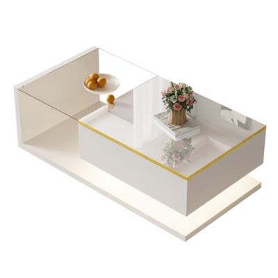 Table bas de canapé 100x50cm - Verre trempé LED 16 couleurs - Blanc brillant