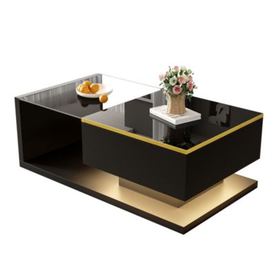 Table bas de canapé 90cm - Noir brillant, Verre trempé, LED 16 couleurs, 90x50x32.5cm