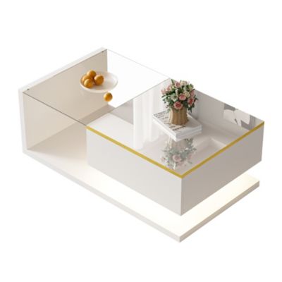 Table bas de canapé 90cm - Verre trempé + LED RGB - Blanc brillant - Plateau 90x50cm