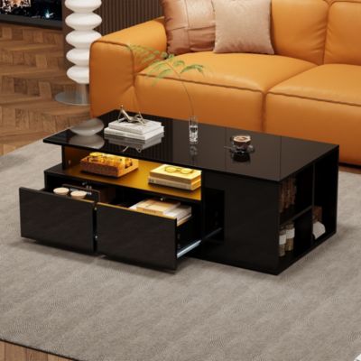 Table bas de canapé avec LED 100x50x35cm, 2 tiroirs, 60kg charge, noir, rangement multiple