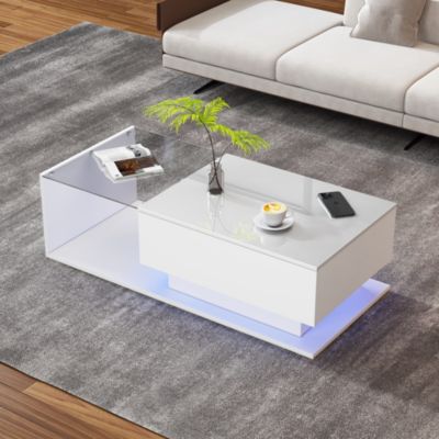 Table bas de canapé blanc brillant 100x50x32 cm - Verre, 1 tiroir, LED, design moderne