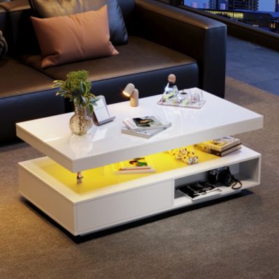 Table bas de canapé blanc brillant 95x50x42, 5 cm - 2 tiroirs, 2 nichoirs, 4 plaques en verre