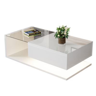 Table bas de canapé Blanc brillant - Plateau en verre avec LED - 105x55x32, 5 cm - Rangement 60x17 cm