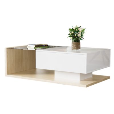 Table bas de canapé en bois et blanc brillant - Plateau en verre avec LED - 105x55x32, 5cm