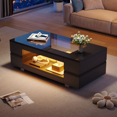 Table bas de canapé LED avec application Bluetooth - Design moderne 100x50x35 cm - Noir - Hohle structure - 2 niveaux - Pour