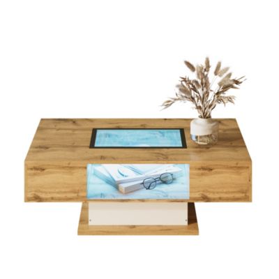 Table bas de canapé à LED changeante - 2 tiroirs - Verre - 110x60x39.7cm - Bois blanc