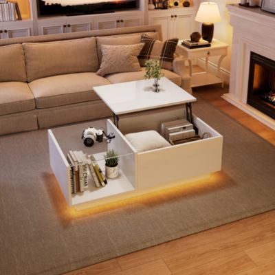 Table Bas de Canapé LED Réglable en Hauteur, 100x50x(33 - 46.5) cm, Staufach, Hochglanz