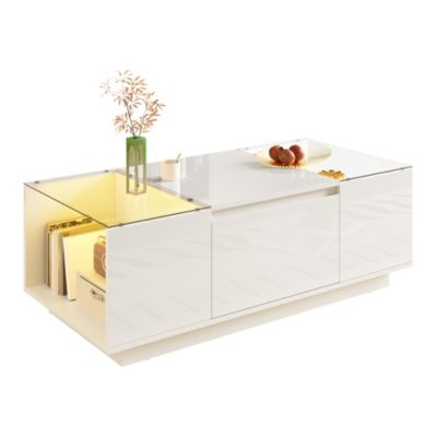 Table bas de canapé moderne 105x50x35cm - LED, 2 tiroirs, verre, rangement