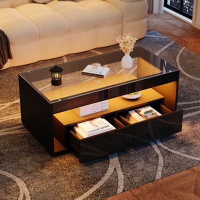 Table bas de canapé moderne LED 16 couleurs - 100x50x40cm - 2 tiroirs - Verre trempé - Noir