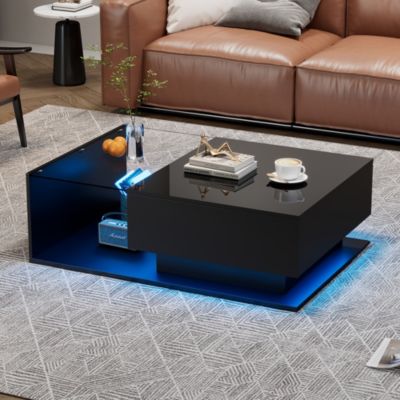 Table bas de canapé noir brillant 100x50x32 cm - Verre, 1 tiroir, LED, design moderne