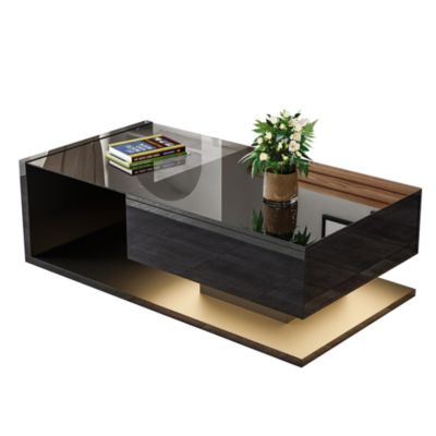 Table bas de canapé noir brillant - Verre + LED - 105x55x32, 5cm - Rangement 60x17cm