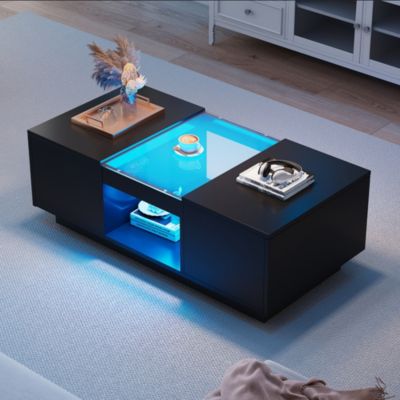 Table bas de salon noir 100x50x35, 5 cm - LED, App, 2 tiroirs, 1 compartiment, verre
