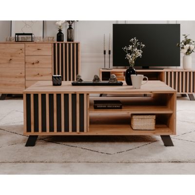 Table basse 1 porte et 2 niches décor chêne artisan L111 cm - LUBLIN