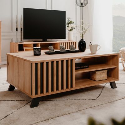 Table basse 1 porte et 2 niches décor chêne artisan L111 cm - LUBLIN