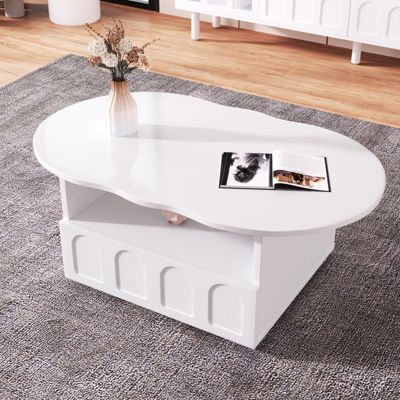 Table basse 100x39.2x60cm, n forme de nuage avec tiroirs et compartiments de rangement, panneaux de particules, blanc