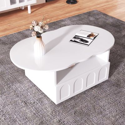 Table basse 100x39.2x60cm, n forme de nuage avec tiroirs et compartiments de rangement, panneaux de particules, blanc