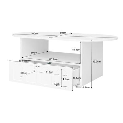 Table basse 100x39.2x60cm, n forme de nuage avec tiroirs et compartiments de rangement, panneaux de particules, blanc