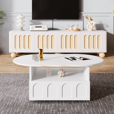 Table basse 100x39.2x60cm, n forme de nuage avec tiroirs et compartiments de rangement, panneaux de particules, blanc