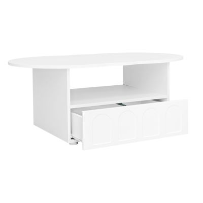 Table basse 100x39.2x60cm, n forme de nuage avec tiroirs et compartiments de rangement, panneaux de particules, blanc