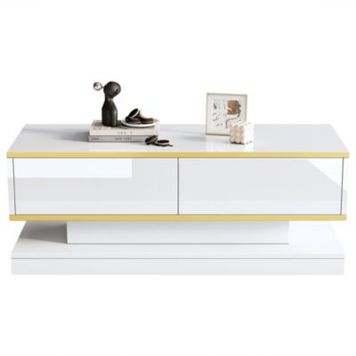 Table Basse 100x50cm, 2 Tiroirs, Blanc Chaud/Doré, Design Unique
