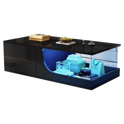 Table Basse 100x50cm LED, 2 Tiroirs, Verre Trempé, Design Noire