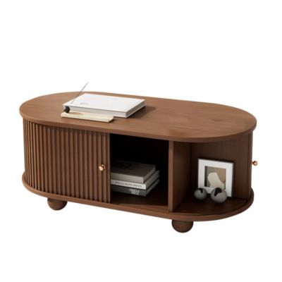 Table Basse 100x50cm Noyer, Portes Coulissantes , 4 Pieds