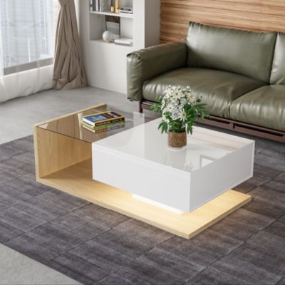 Table basse 105 cm en panneaux de particules blanc brillant et bois avec verre et LED