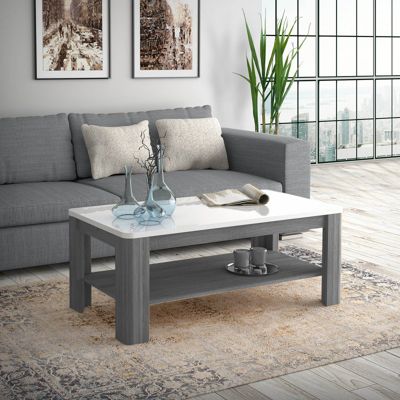 Table basse 110 cm blanc laqué et pieds décor bois gris - ALEXIANE