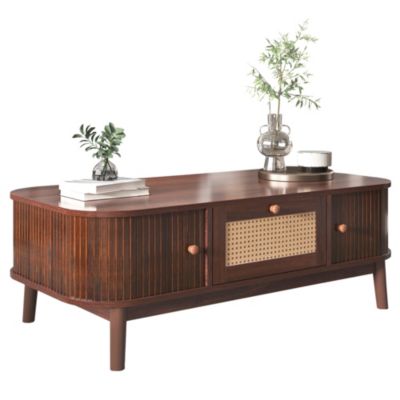 Table basse 110 cm en MDF finition noyer et rotin avec tiroirs et portes coulissantes