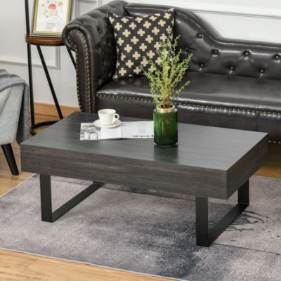 Table basse 110x60x40 cm avec tiroir et étagères, plateau aspect bois et structure métal noir, style moderne
