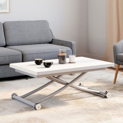 Table basse 2 en 1 relevable en table à manger rectangulaire URBANA 100 cm blanc pied gris chromé