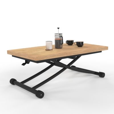 Table basse 2 en 1 relevable en table à manger rectangulaire URBANA 100 cm bois et noir design industriel