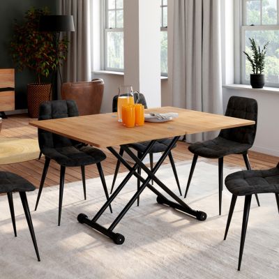 Table basse 2 en 1 relevable en table à manger rectangulaire URBANA 100 cm bois et noir design industriel
