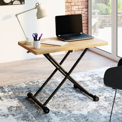 Table basse 2 en 1 relevable en table à manger rectangulaire URBANA 100 cm bois et noir design industriel