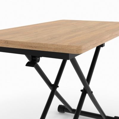 Table basse 2 en 1 relevable en table à manger rectangulaire URBANA 100 cm bois et noir design industriel