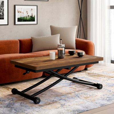 Table basse 2 en 1 relevable en table à manger rectangulaire URBANA 100 cm bois foncé et noir design industriel